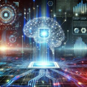 Футуристическая иллюстрация концепции DeepSeek-R1 — светящаяся нейросеть с потоками данных в высокотехнологичном цифровом окружении.
