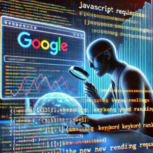 SEO-специалист анализирует колебания позиций ключевых слов на фоне поисковой выдачи Google и кода JavaScript