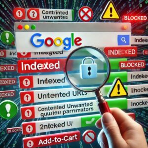 Иллюстрация поисковой выдачи Google с нежелательными индексированными URL, содержащими параметры запроса. Некоторые URL отмечены как "Indexed" (индексируются), другие — как "Blocked" (заблокированы).