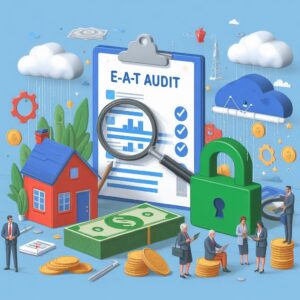 Иллюстрация, демонстрирующая процесс аудита на соответствие E-A-T для улучшения доверия к сайту.